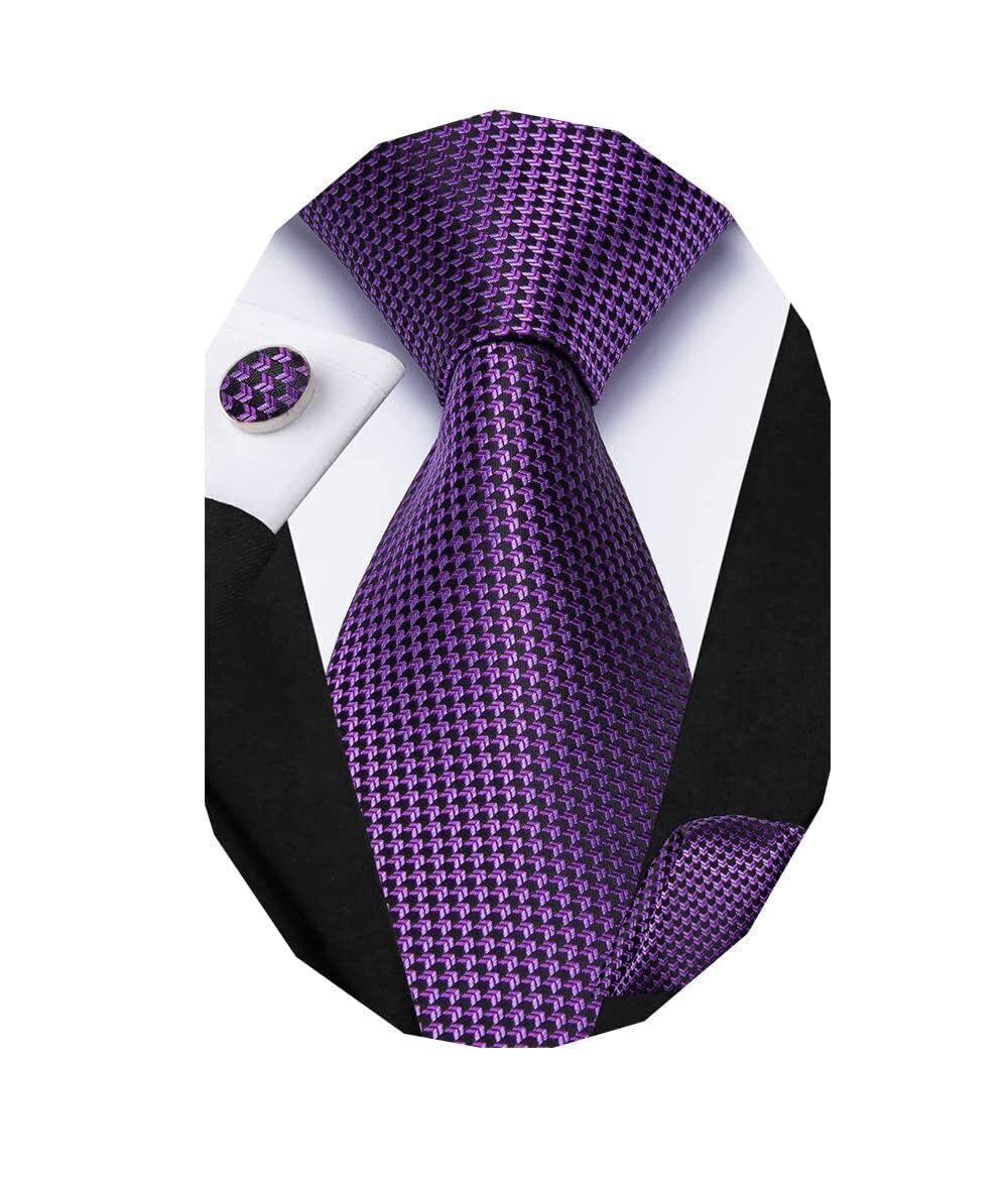 3112 Black Purple Striped Tie WOVEN Necktie and Handkerchief Cufflinks Set